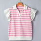 Pink Stripe Collar V Neck Ruffled Short Sleeve Blouse