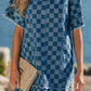 Sky Blue Frayed Hem Checkered Denim Mini Dress