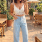 Beau Blue Studded Side Slit Leg Frayed Pocketed Wide Leg Jeans