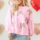 Light Pink Embroidered Bow Lantern Sleeve Oversized Pullover Sweatshirt