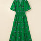Green Floral Print Split Neck Shirred High Waist Ruffle Hem Maxi Dress