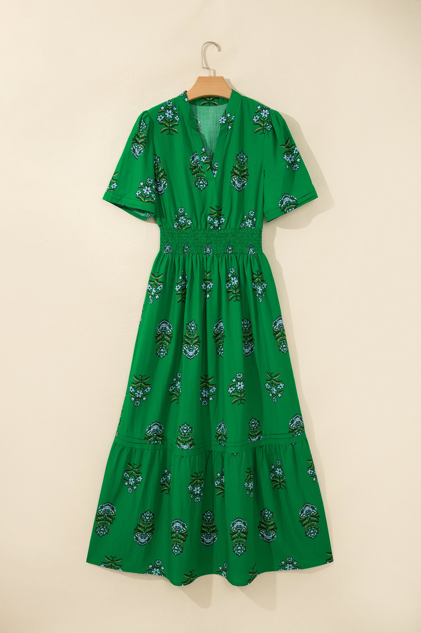 Green Floral Print Split Neck Shirred High Waist Ruffle Hem Maxi Dress